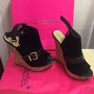 ShoeDazzle Kristy 6.5 Black Suede Cork Wedge